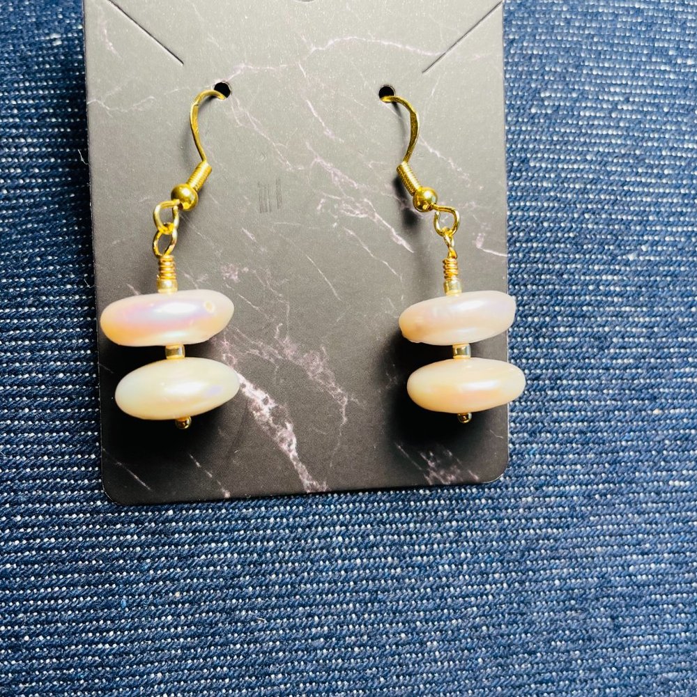 AA Freshwater Button Pearls 12mm dia Dangle Homemade Artisan Earrings 1 ½” NEW